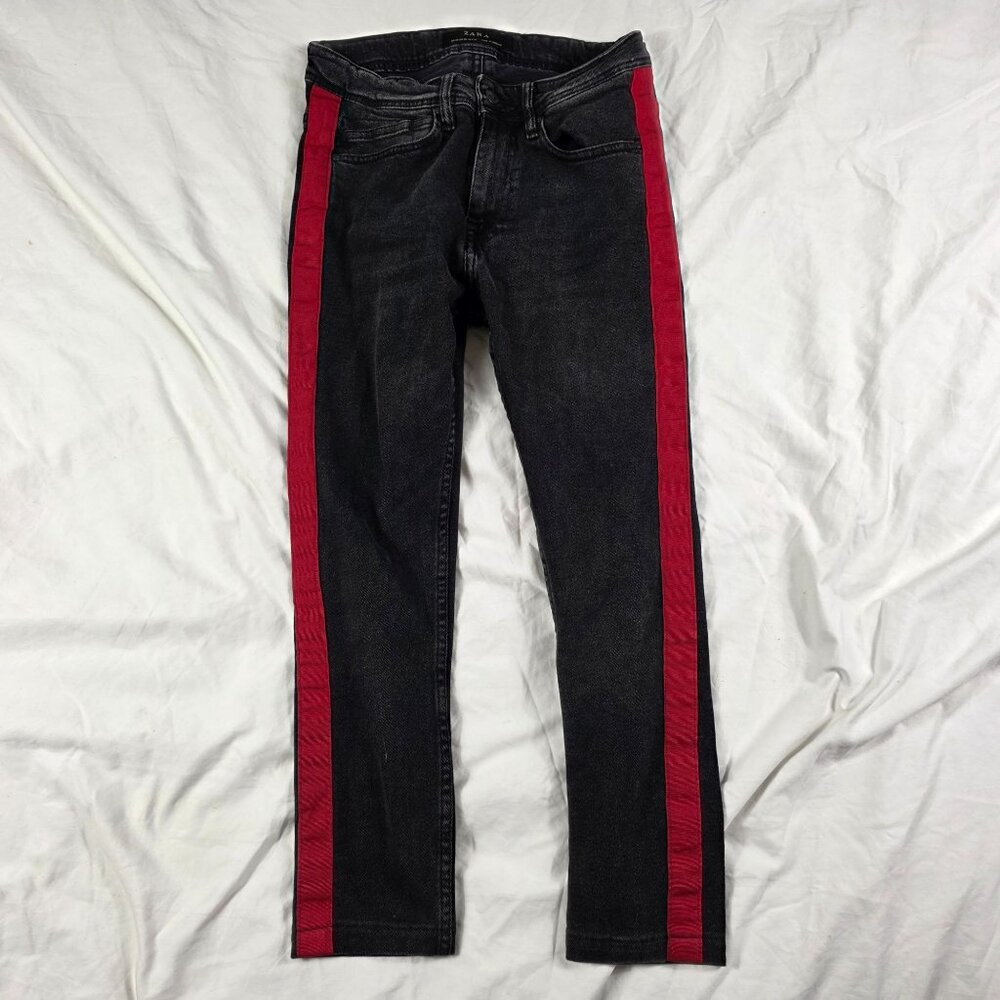 Zara Womens Size 30 Skinny Jeans Black With Red Side Stripe Denim Casual